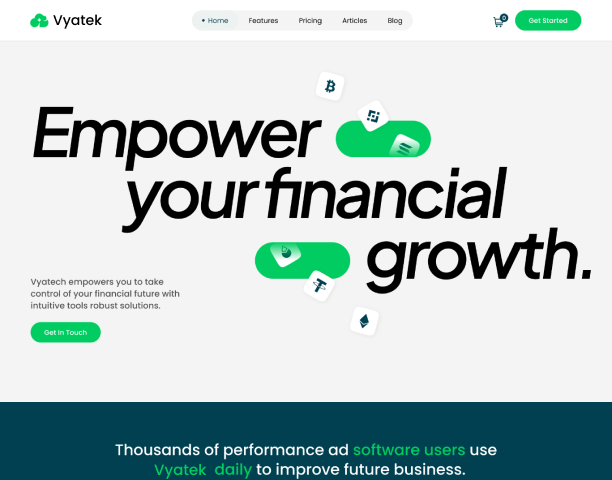Vyatek website header with slogan Empower your financial growth and green call-to-action buttons.