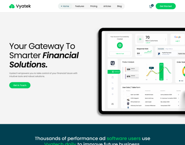 Financial software homepage with dashboard showing analytics and green call-to-action buttons.