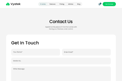 Vyatek contact us page with form fields for name, email, mobile number, and message.