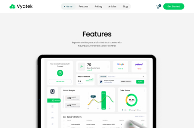 Website screenshot showing a dashboard with analytics, product analysis, and order details on a tablet.