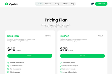 Pricing plan comparison for Basic and Pro plans with features and monthly costs at Vyatek website.