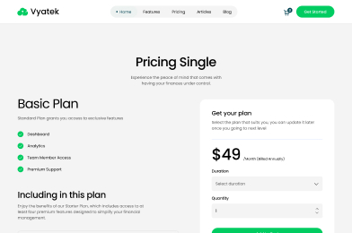 Vyatek pricing page showing Basic Plan features and a $49 monthly subscription purchase form.