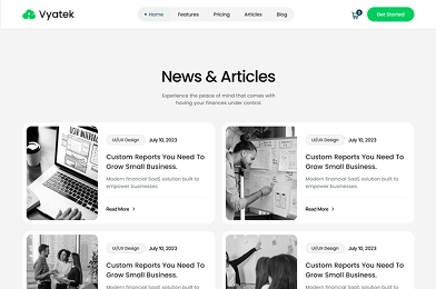 Website page showing Vyatek News & Articles section with four posts about custom reports for small business.