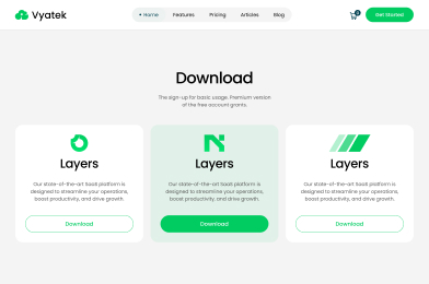 Vyatek download page with three sections titled Layers offering basic and premium versions.
