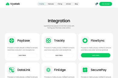 Integration page showing six financial service options: PayEase, Trackly, FlowSync, DataLink, FinEdge, SecurePay.