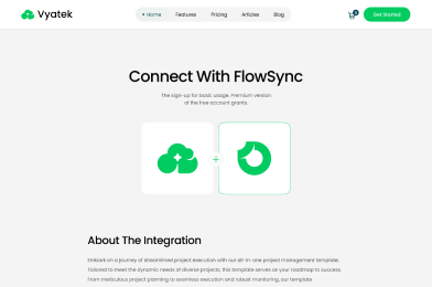 Vyatek website page showing FlowSync integration signup and navigation menu with Home, Features, Pricing, Articles, Blog.