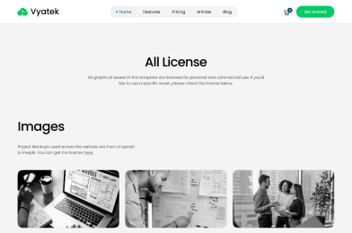 Webpage showing Vyatek site with All License section and black-and-white images for personal and commercial use.