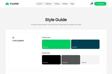 Website style guide showing primary colors green and blue and neutral colors black, gray, and light gray.
