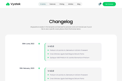 Website changelog page with version updates dated June 2022 and February 2023, listing features in green text.
