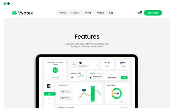 Website homepage showing Vyatek features with financial dashboard and navigation menu.