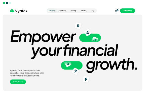 Vyatek homepage header with text Empower your financial growth and crypto icons around buttons.