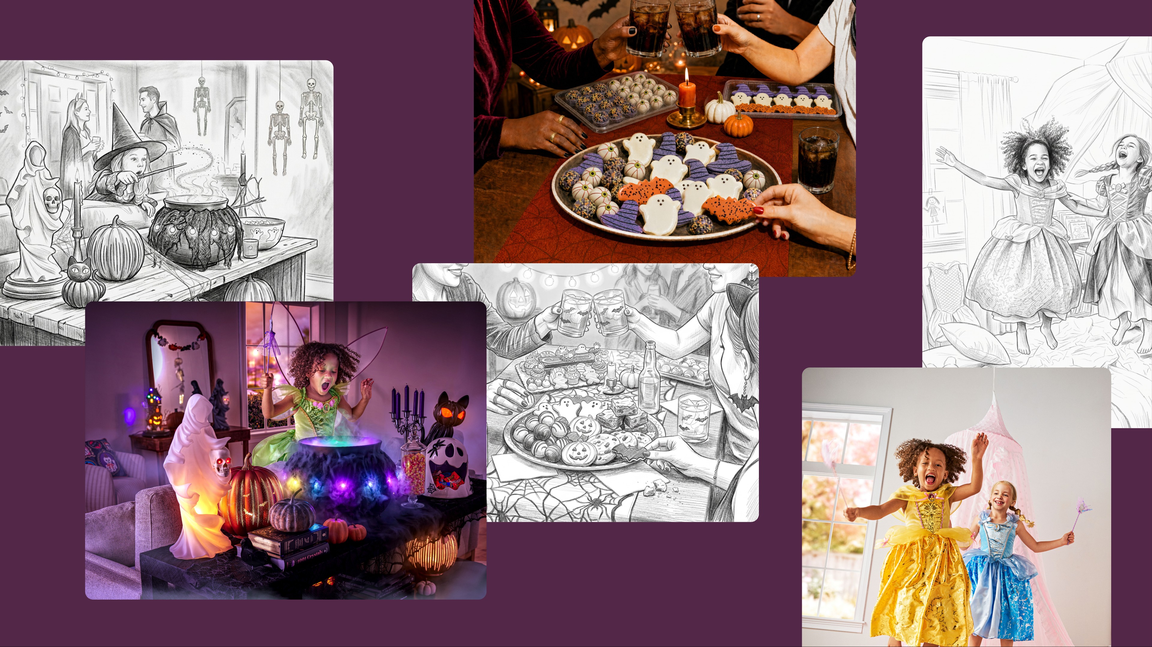 Collage of Sam's Club Instant Savings Book scene work: colour comps beside their graphite pencil illustrations