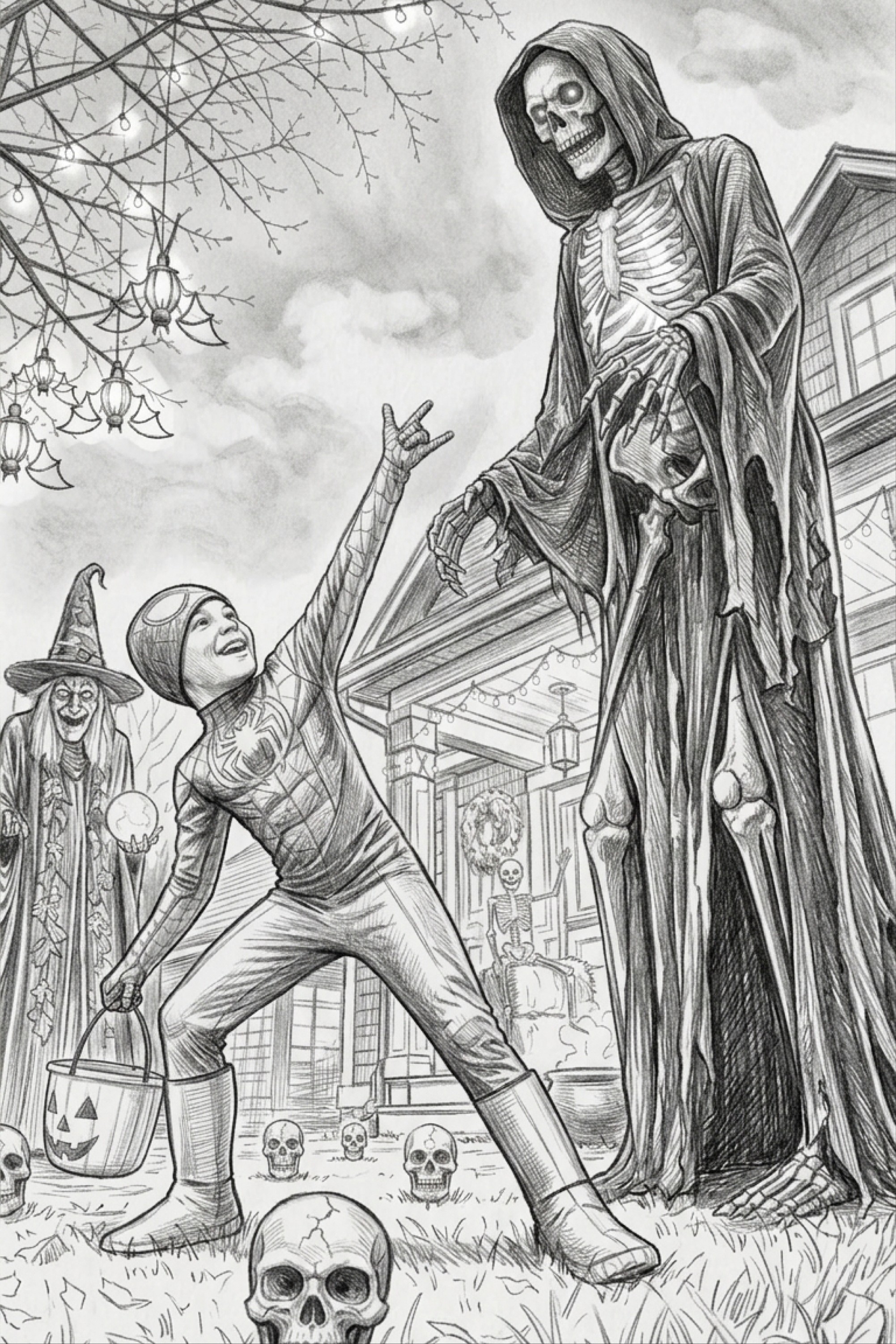 Graphite pencil illustration of a kid in a Halloween costume beside a giant skeleton decoration
