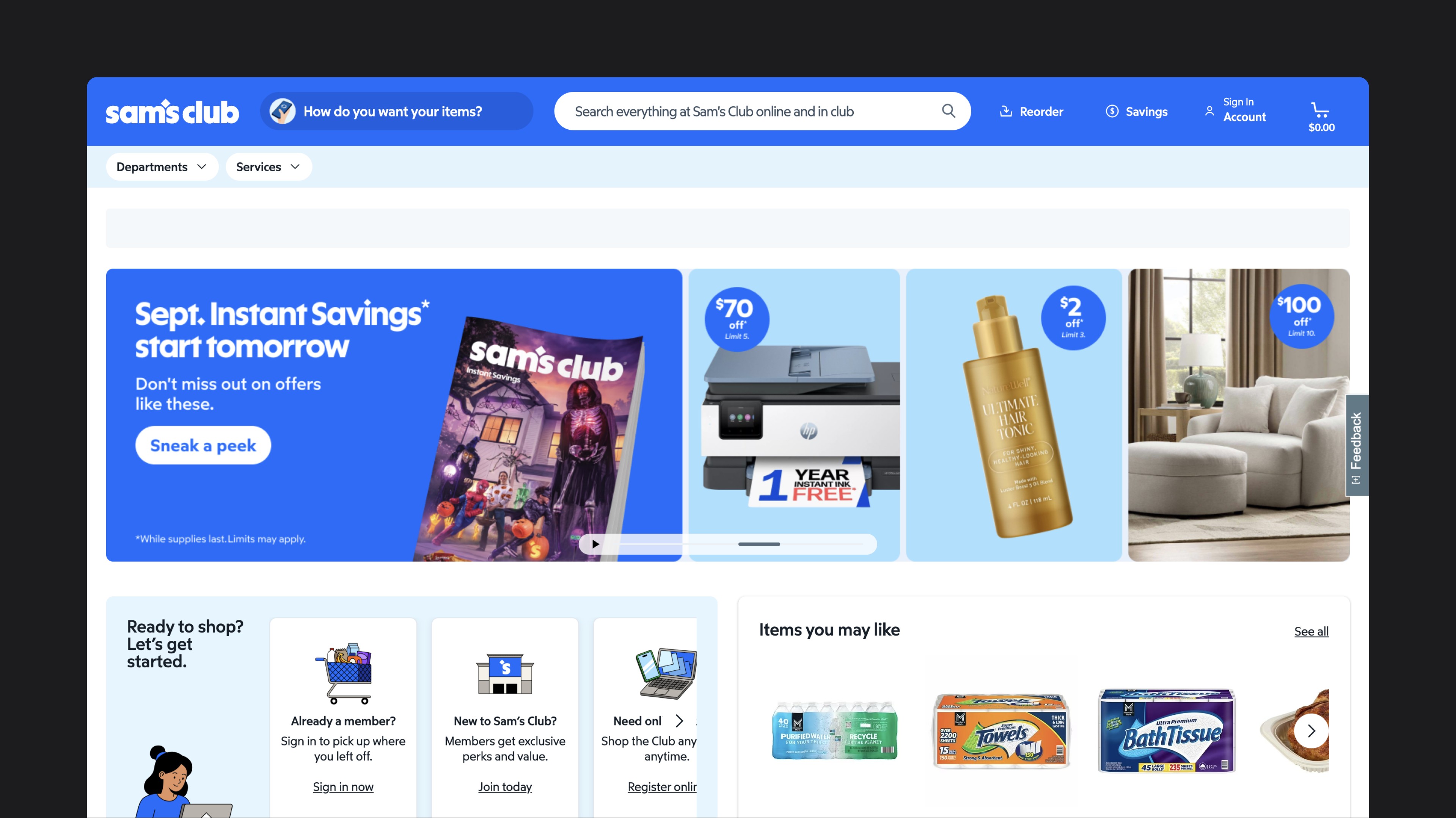 Sam's Club homepage featuring the September Instant Savings campaign