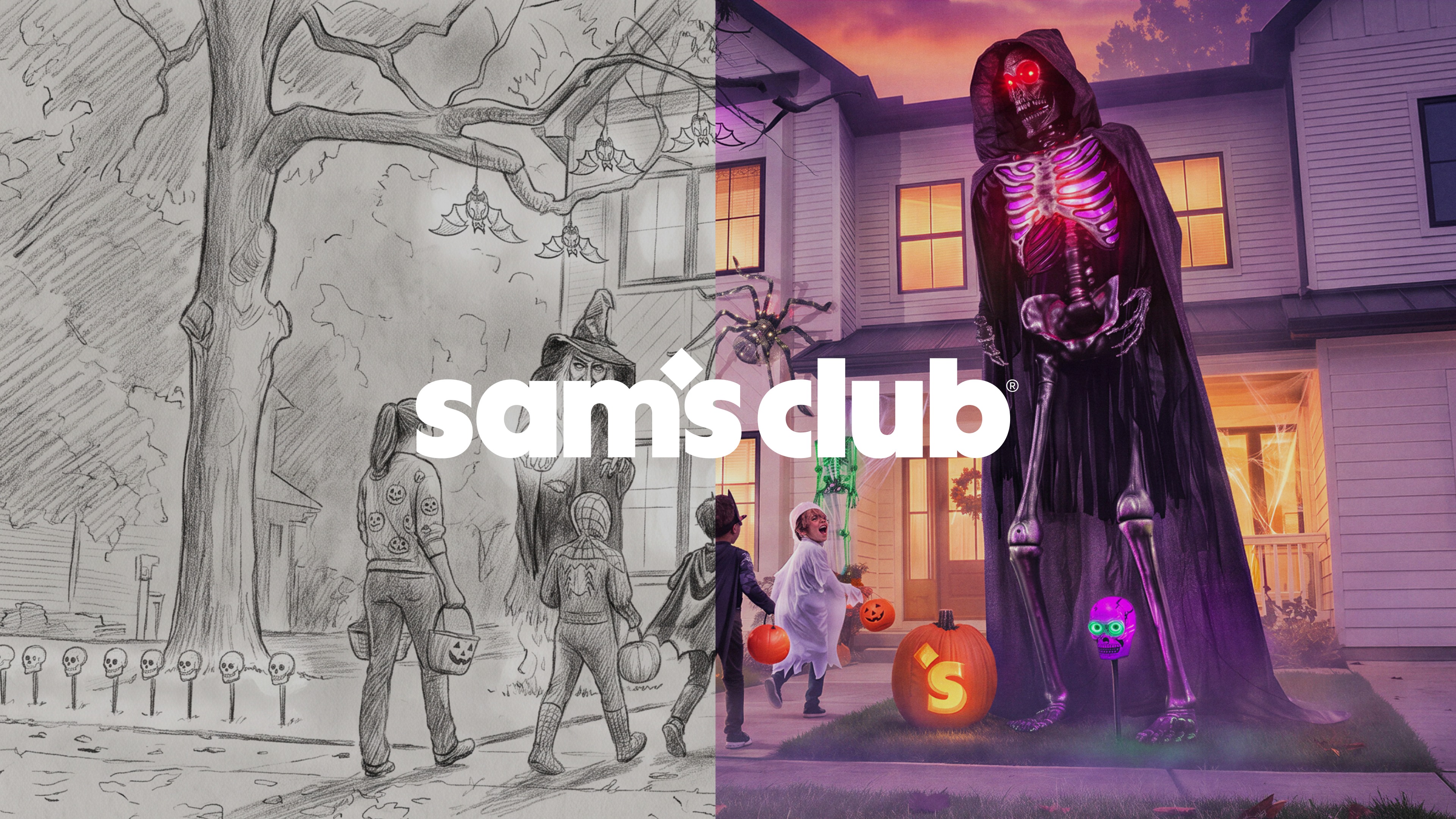 Sam's Club Instant Savings Book hero: graphite pencil illustration transitioning into the final Halloween Headquarters photograph with the Sam's Club wordmark