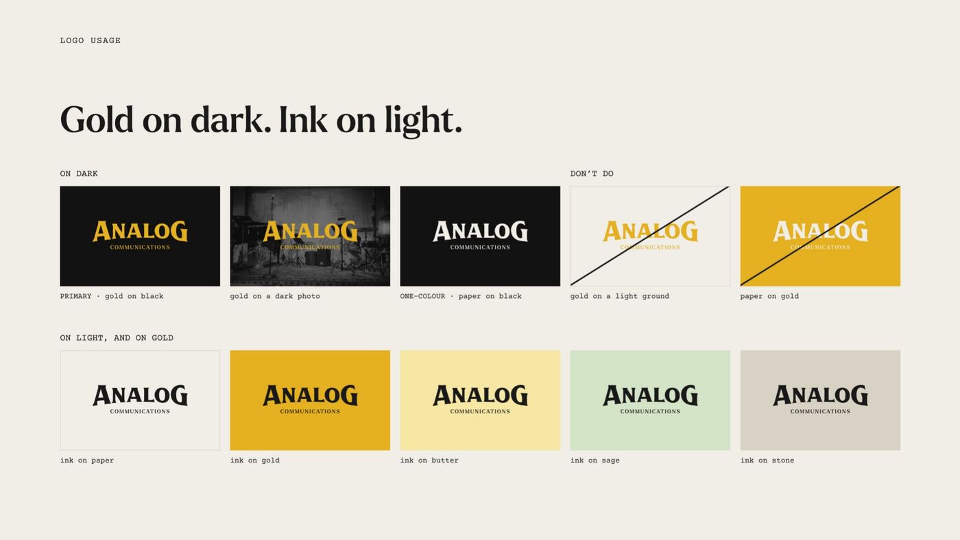 Gold on dark, ink on light