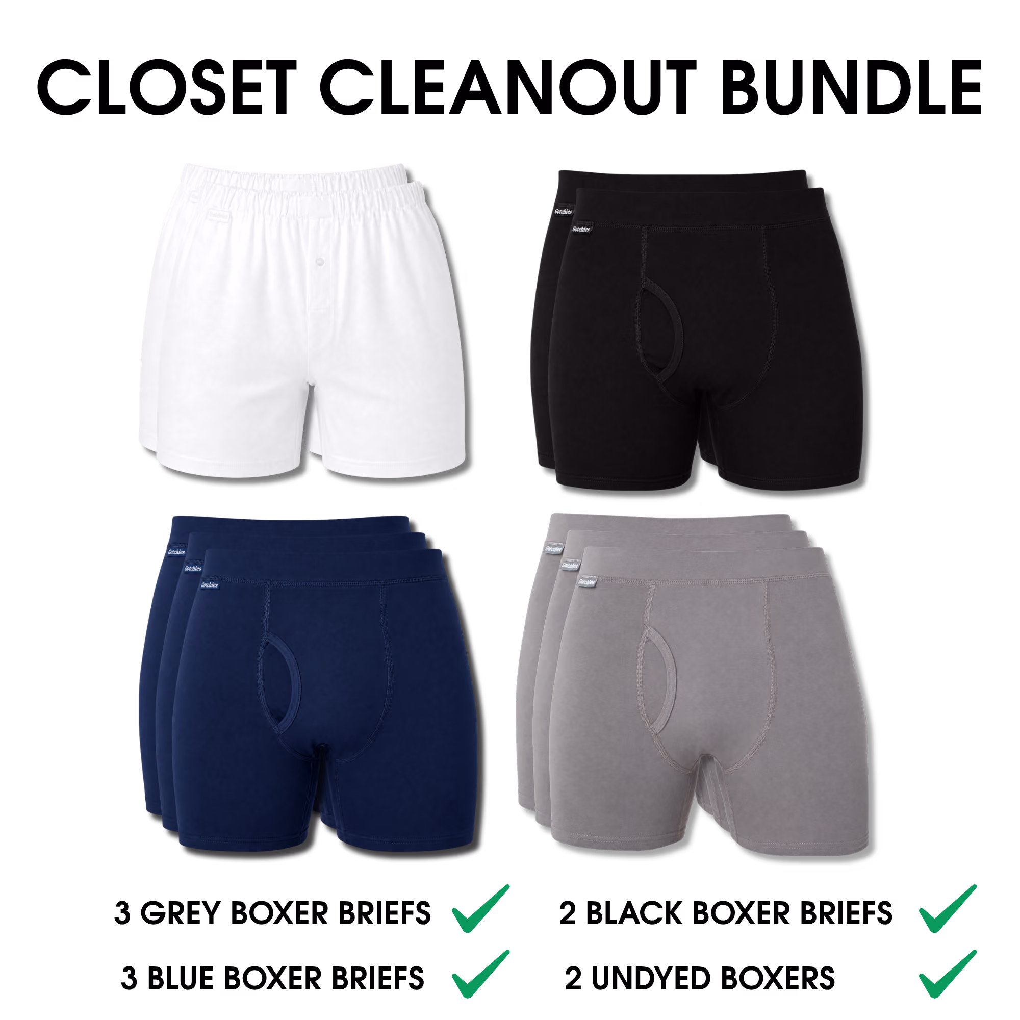 Bundle of men's underwear: 3 grey, 3 blue boxer briefs, 2 black boxer briefs, 2 black boxers.