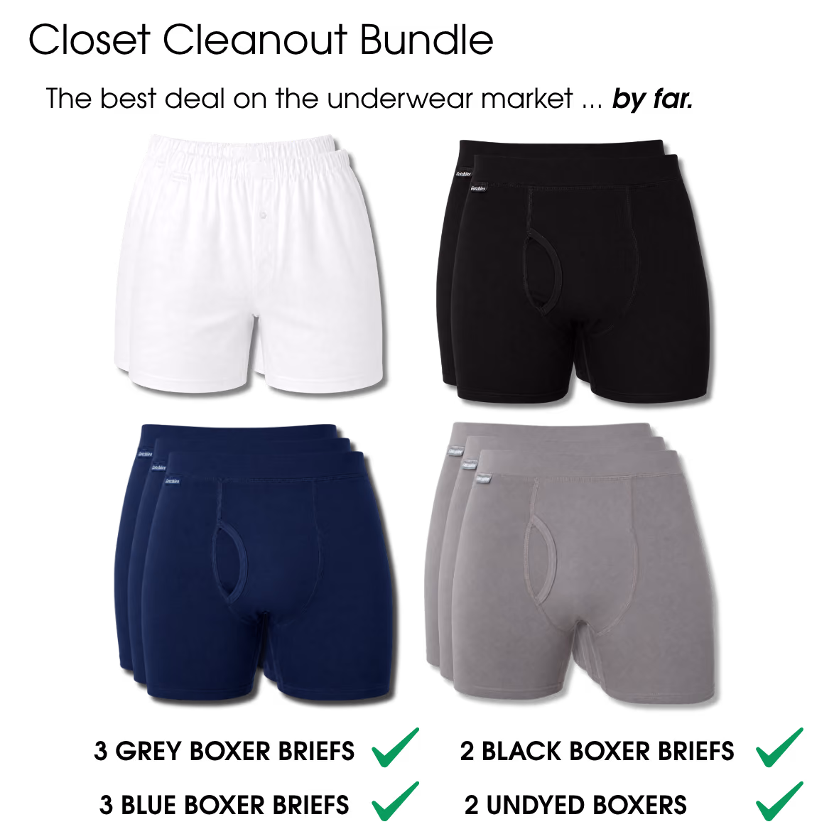 Bundle of men's underwear: 3 grey, 3 blue boxer briefs, 2 black boxer briefs, 2 black boxers.
