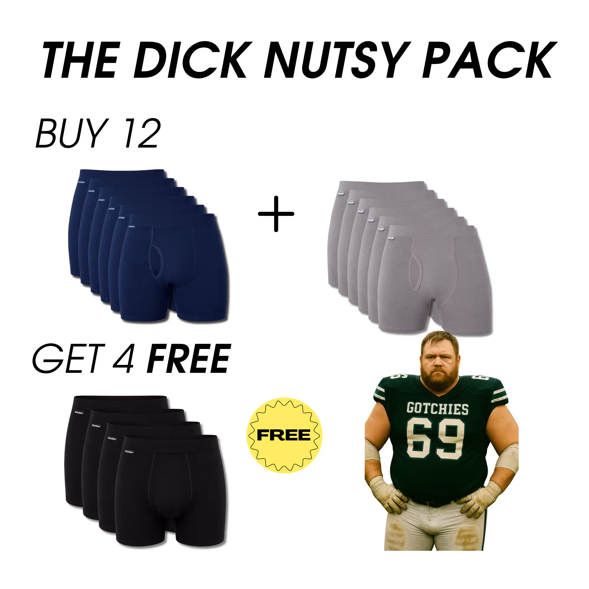 Sets of navy, gray, and black boxer briefs with a football player wearing Gotchies jersey number 69 and a free badge.