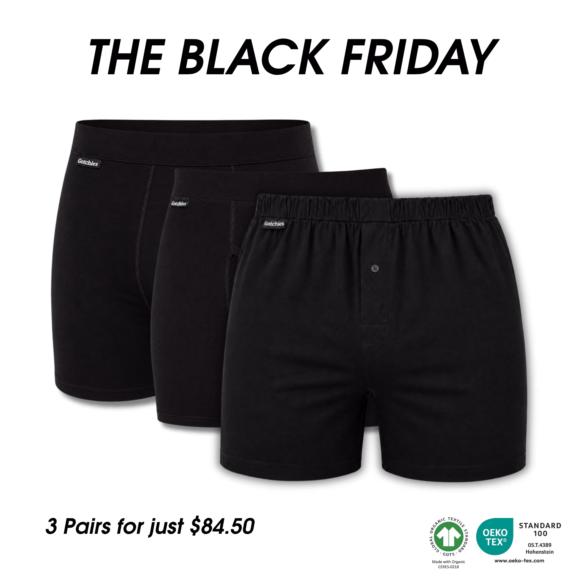 Set of three black Gotchies men's boxer briefs and boxers on a black background.