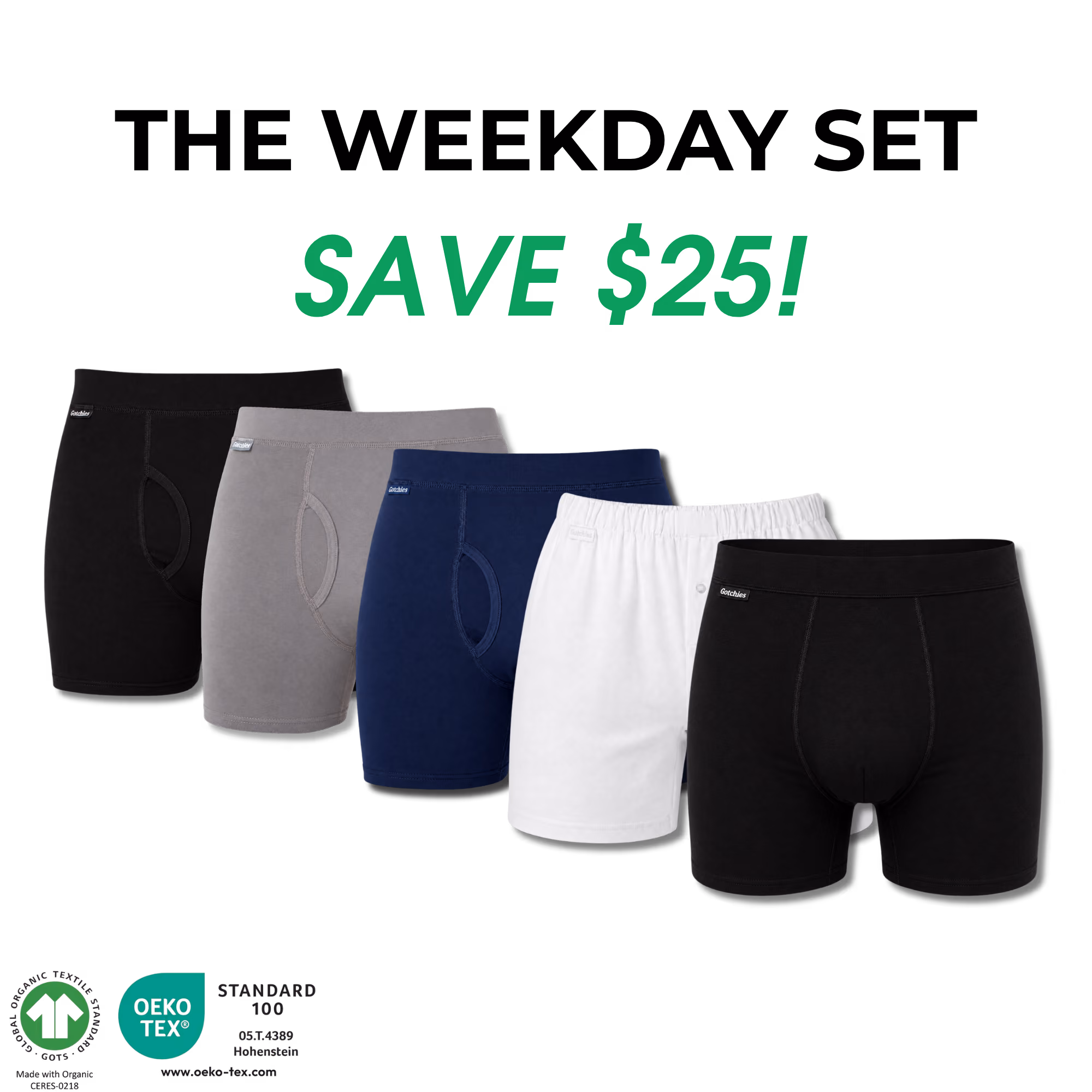 Set of three boxer briefs in black, gray, and blue with an additional black pair, text says Save $25!