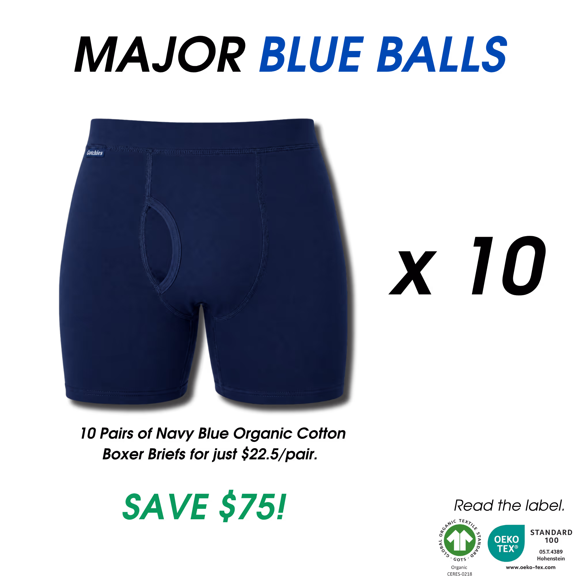 Navy blue men's boxer briefs with pouch and text 'BLUE BALLS' above and 'SAVE $75!' below.