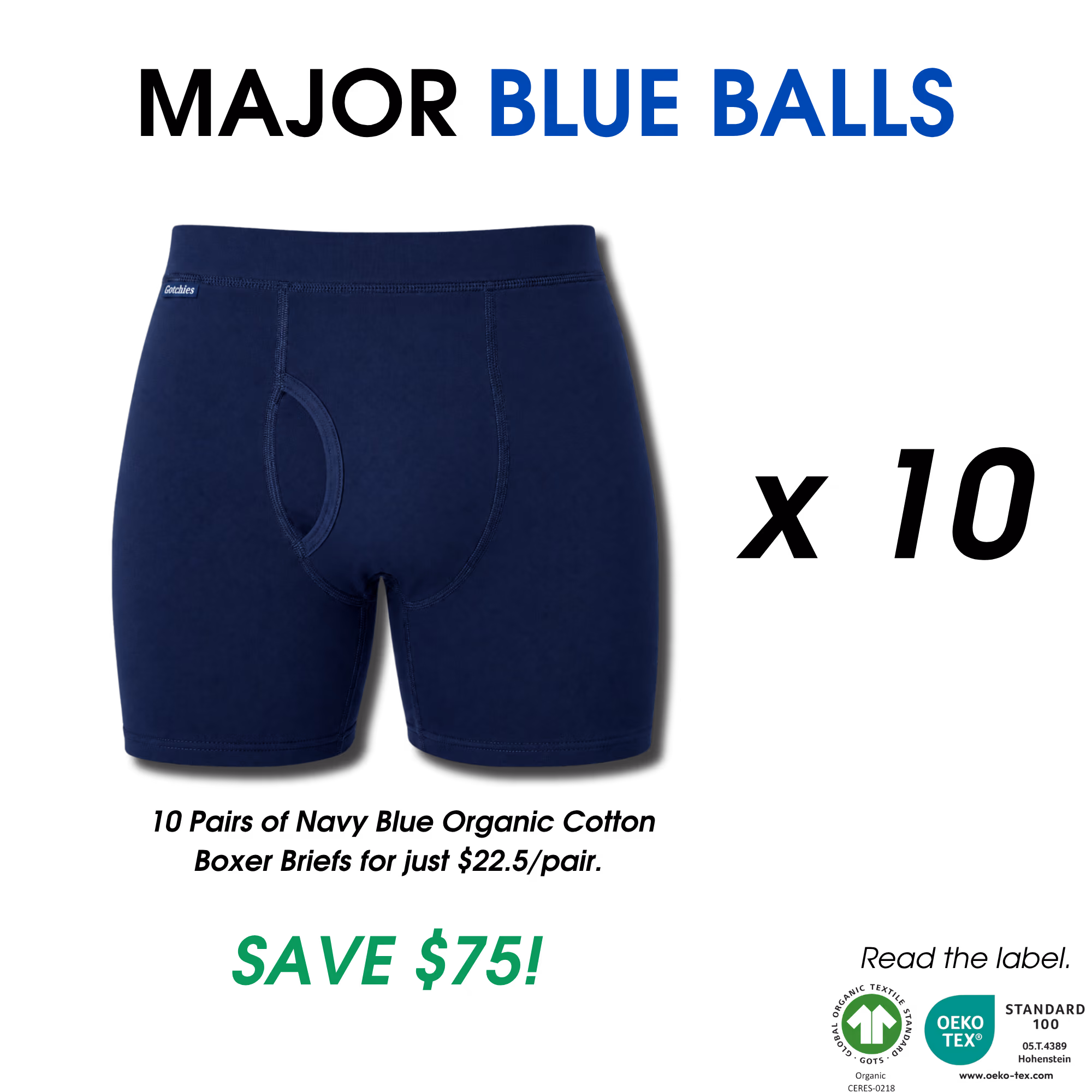 Navy blue men's boxer briefs with pouch and text 'BLUE BALLS' above and 'SAVE $75!' below.
