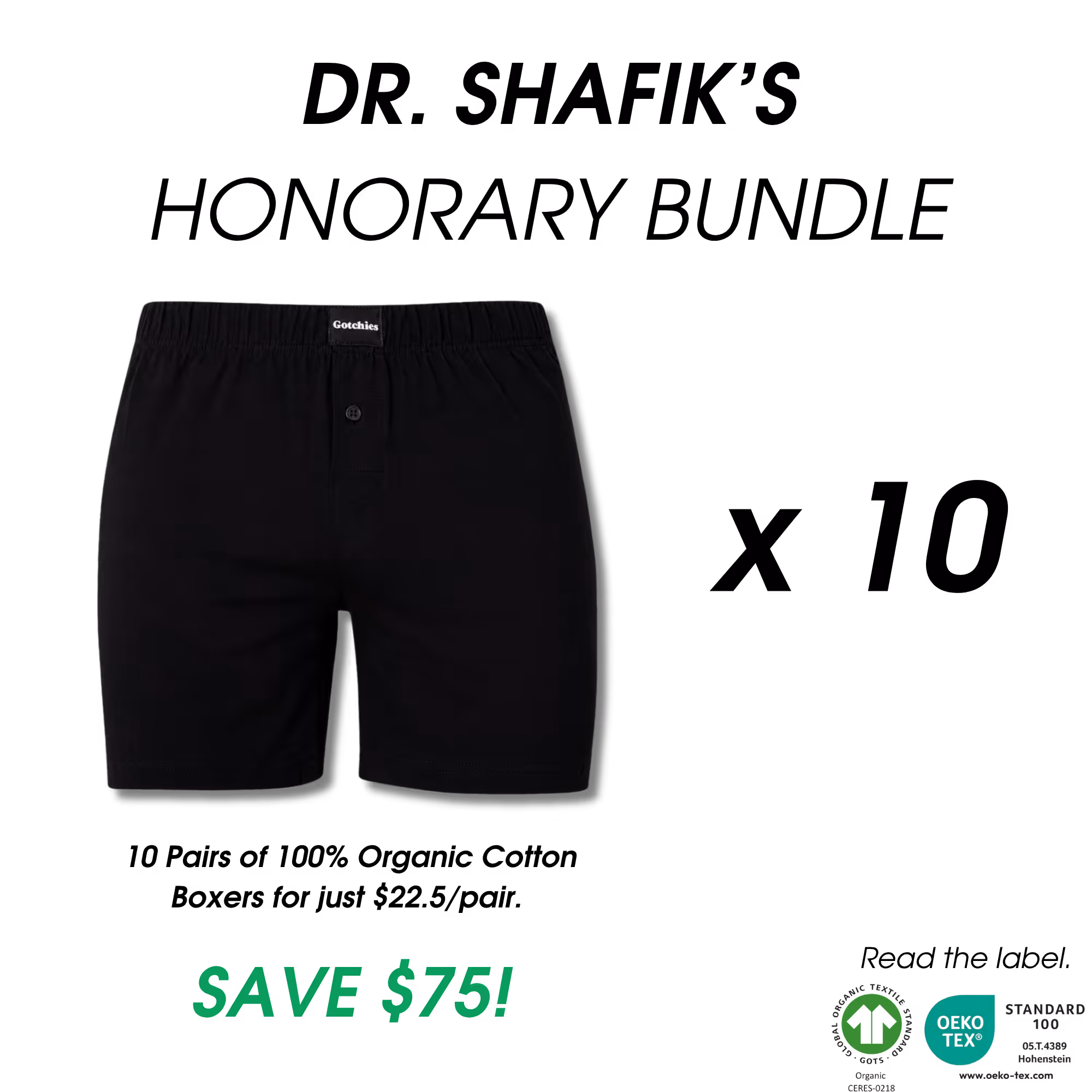 Black men's boxer shorts with elastic waistband and single button fly from Gotchies.
