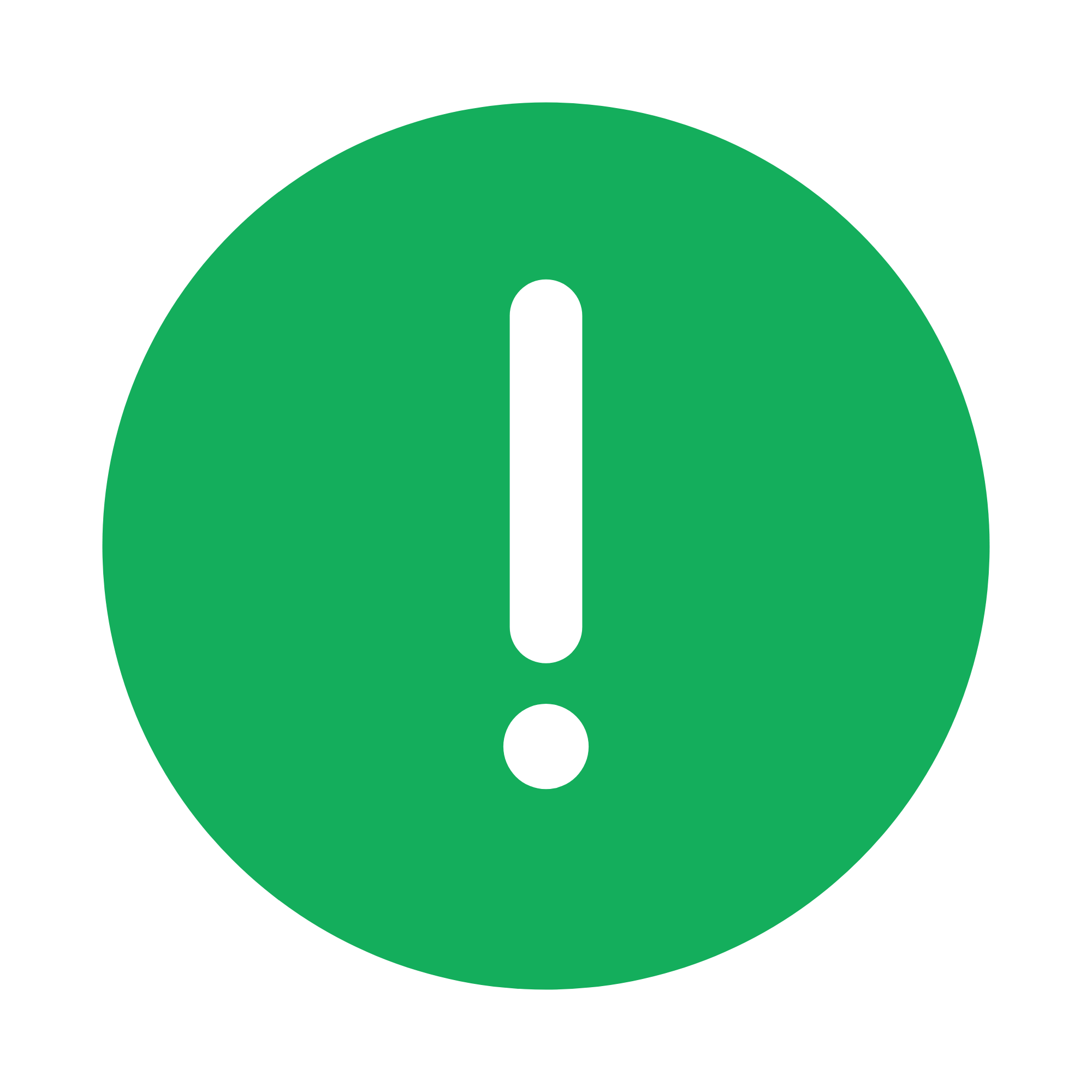 White exclamation mark centered in a solid green circle on black background.