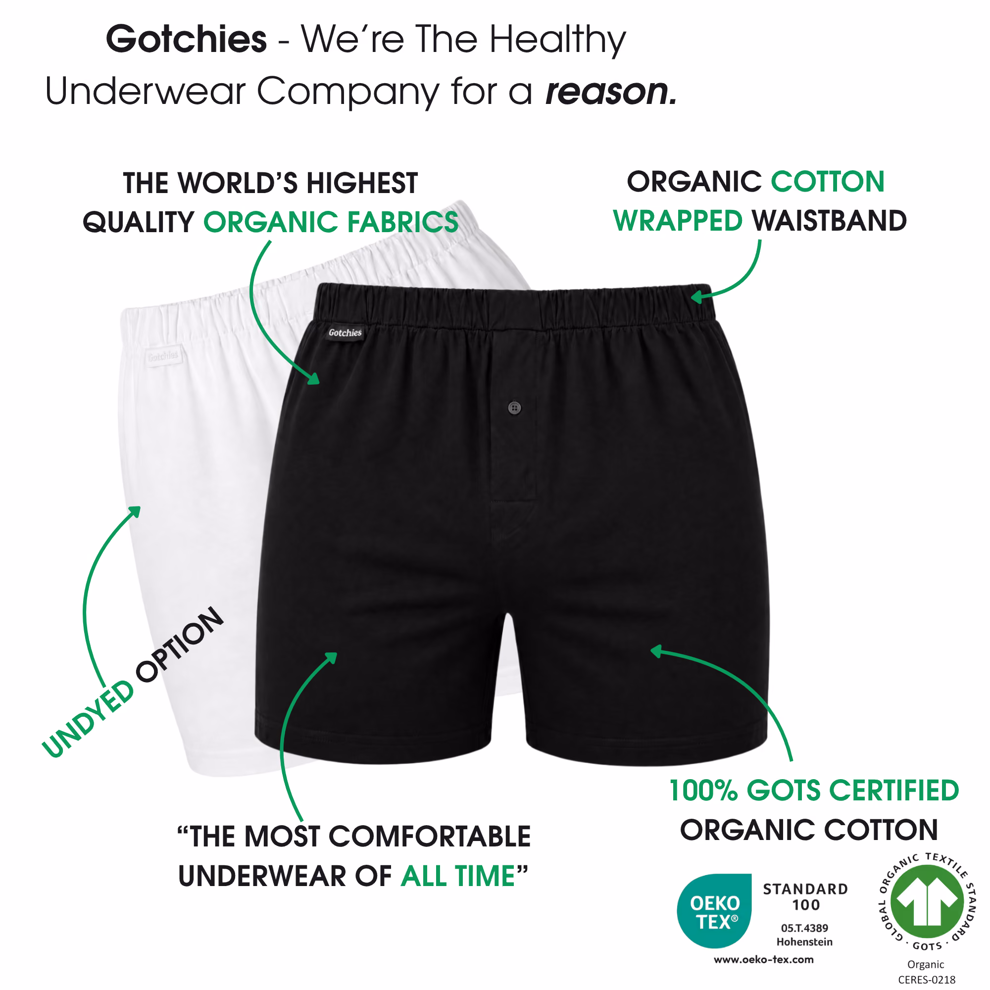 Gotchies Boxers 2.0 in organic cotton with an organic cotton-wrapped waistband