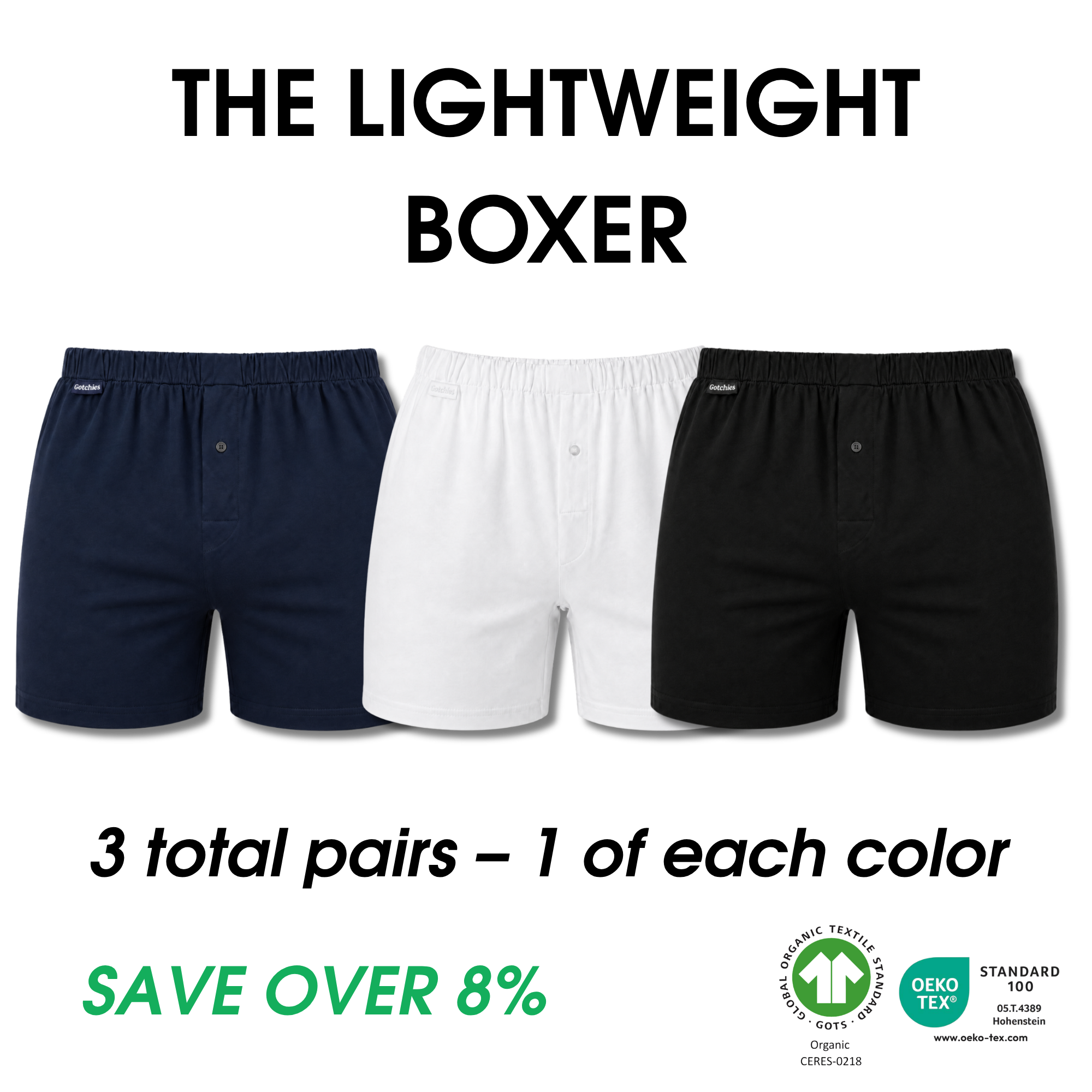 Set of three black Gotchies men's boxer briefs and boxers on a black background.