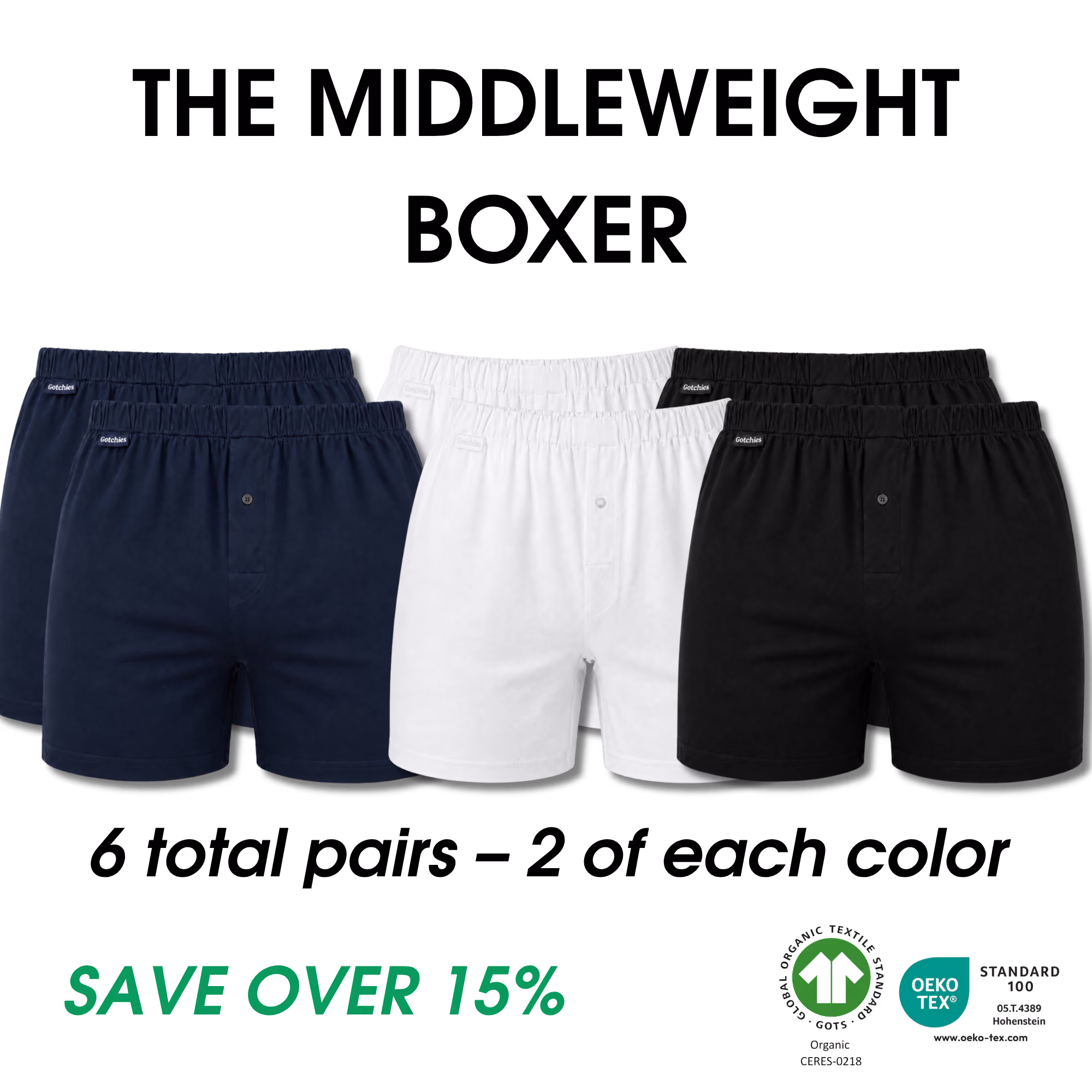 Set of three black Gotchies men's boxer briefs and boxers on a black background.