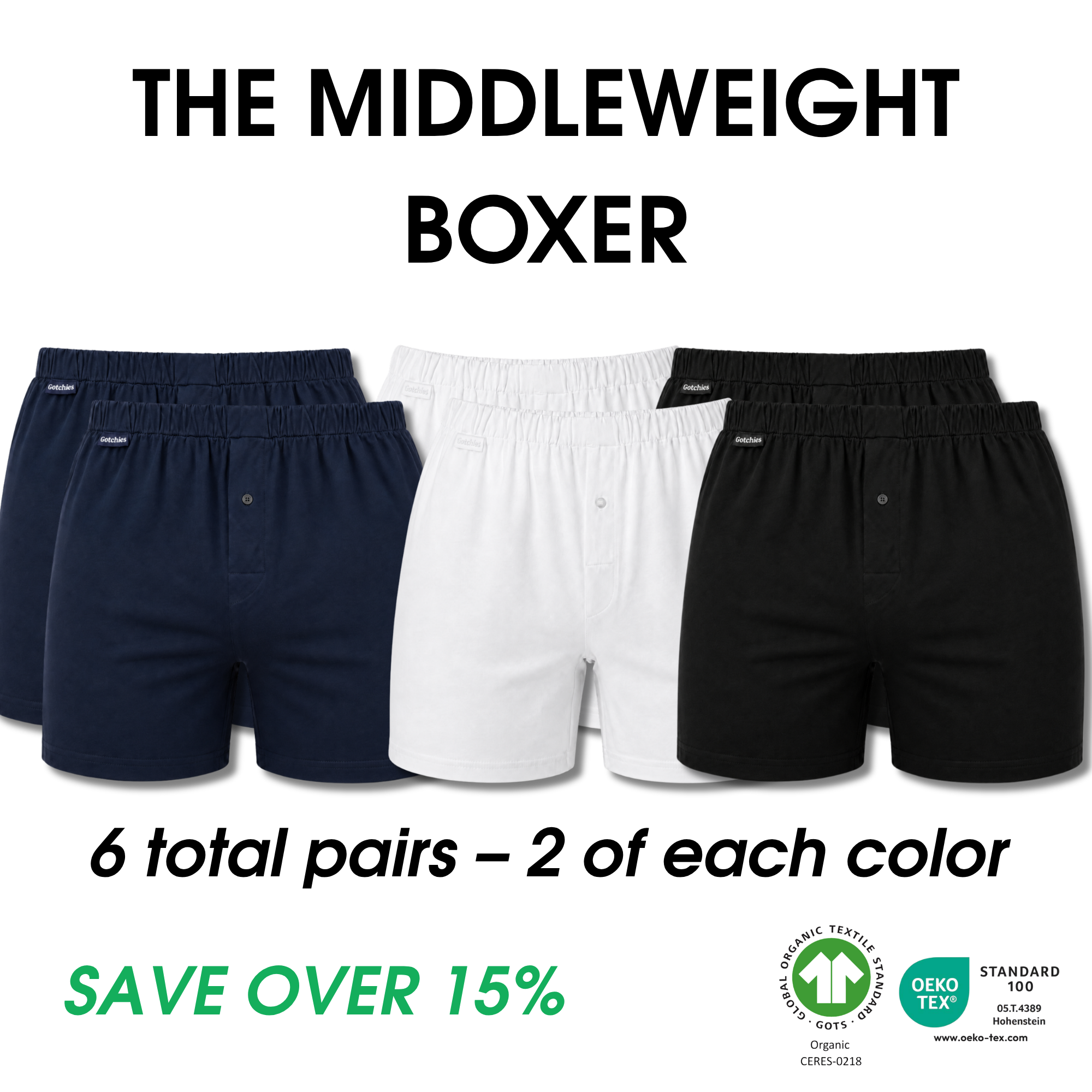 Set of three black Gotchies men's boxer briefs and boxers on a black background.