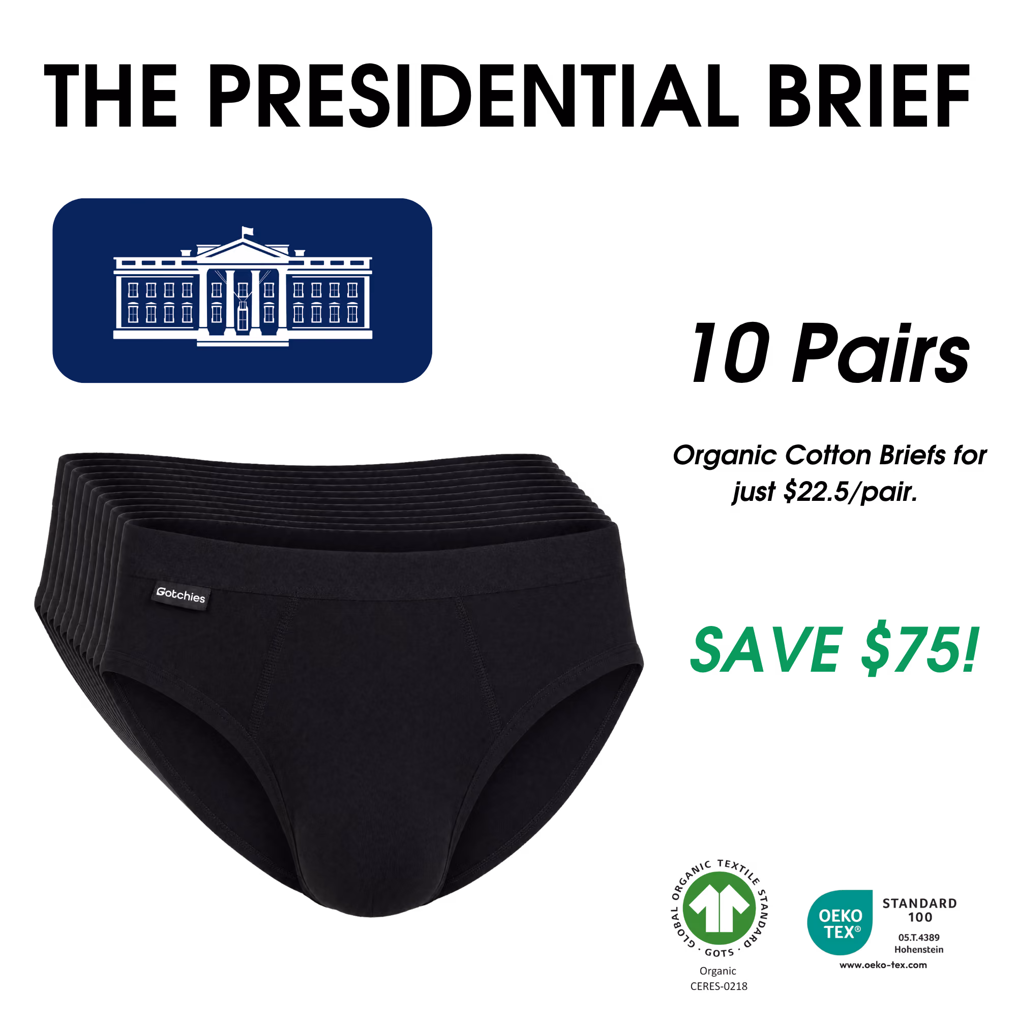 Navy blue men's boxer briefs with pouch and text 'BLUE BALLS' above and 'SAVE $75!' below.