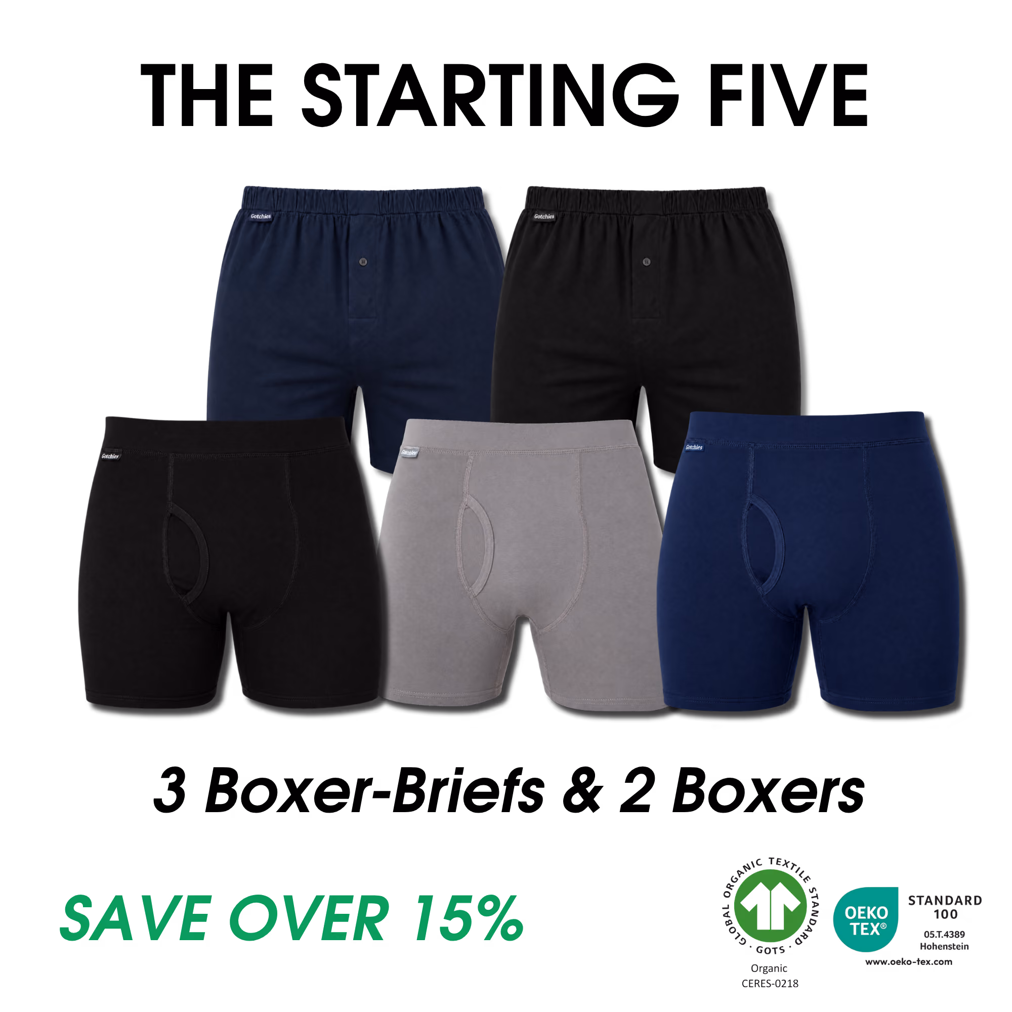 Set of three boxer briefs in black, gray, and blue with an additional black pair, text says Save $25!