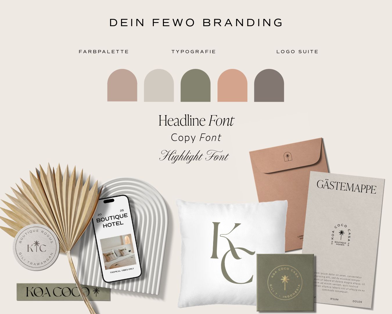 Brand Mockup einer Marke für Kurzzeitvermietung mit dem Namen KOA COCO in erdigen Tönen