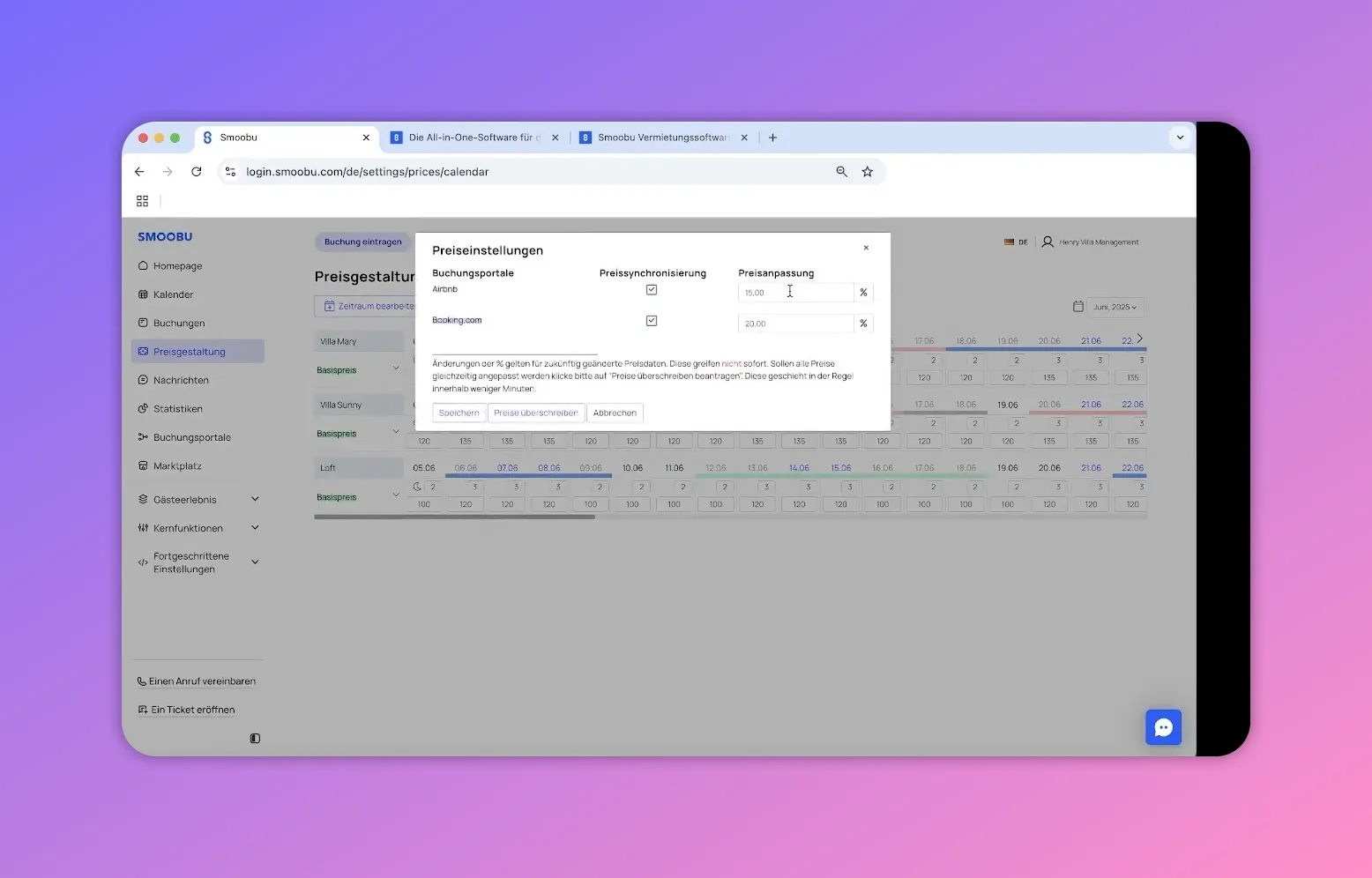 Smoobu Preiseinstellungen Modal mit Preissynchronisierung und Prozent-Aufschlägen
