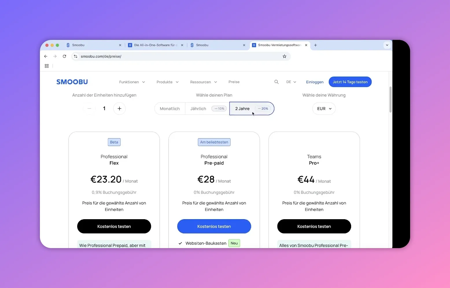Smoobu Preisübersicht Tarife €23.20 €28 €44 pro Monat mit 2‑Jahres Auswahl