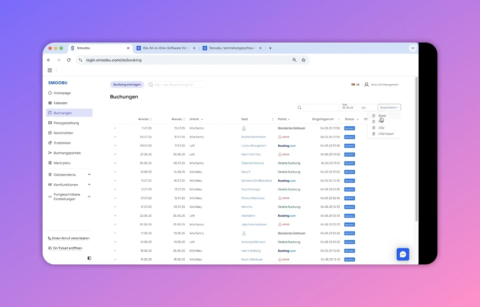 Smoobu Buchungen Exportmenü mit Excel und CSV Optionen