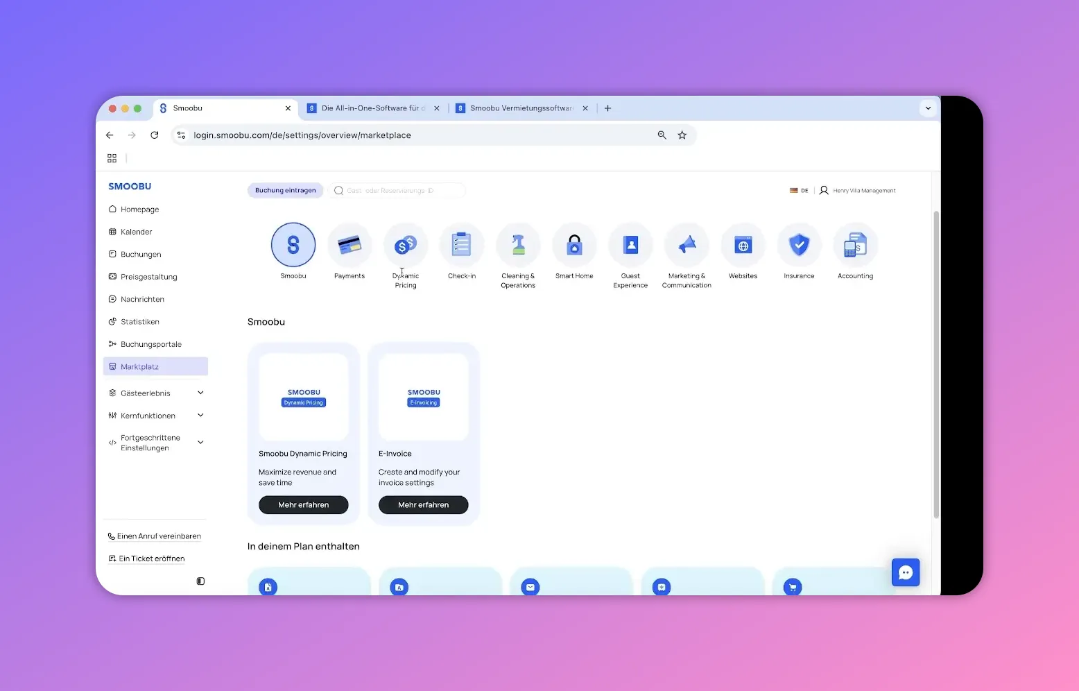 Smoobu Marktplatz mit Kategorie-Icons für Integrationen
