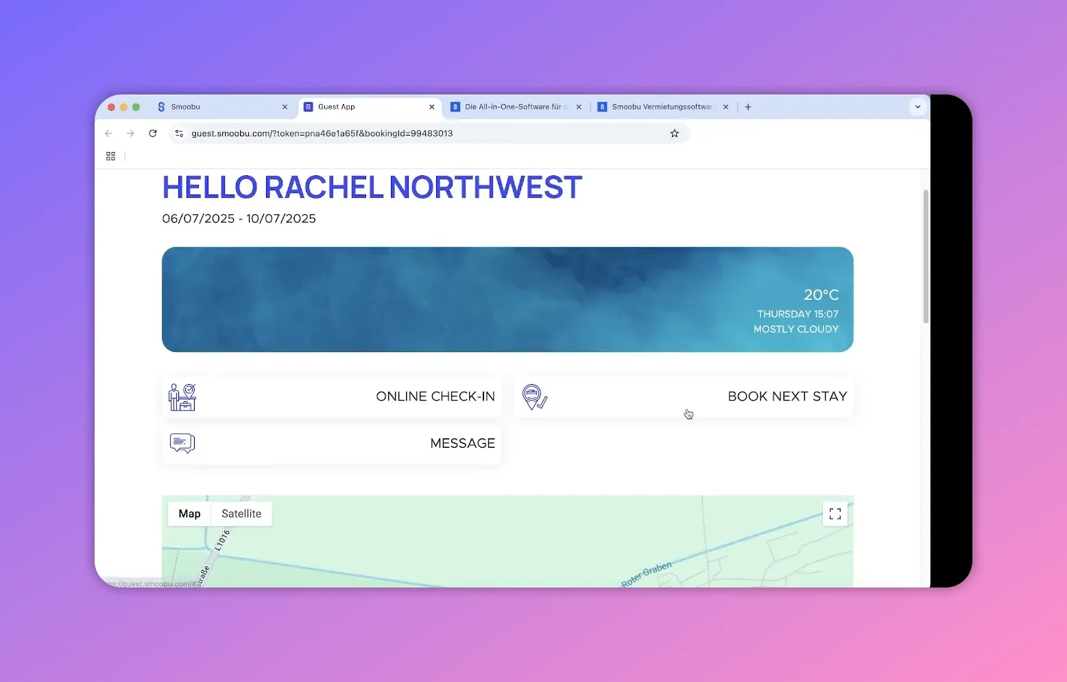 Smoobu digitale Gästemappe Willkommensseite mit Online-Check-in und Karte