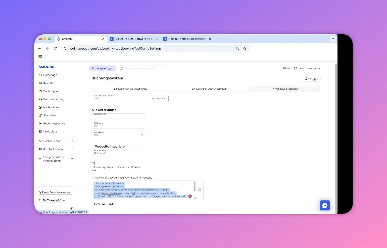 Smoobu Buchungssystem HTML Einbettung Code Vorschau