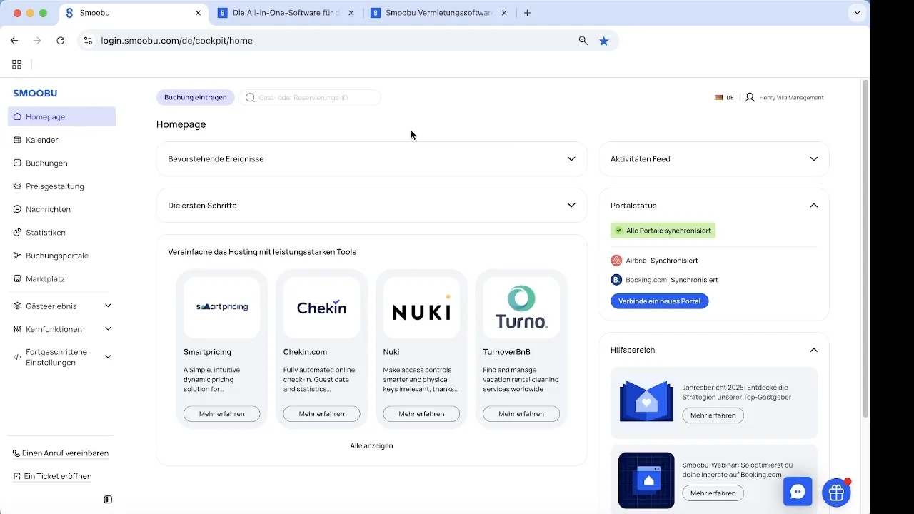 Smoobu Dashboard Startseite mit Integrationen und Portalstatus