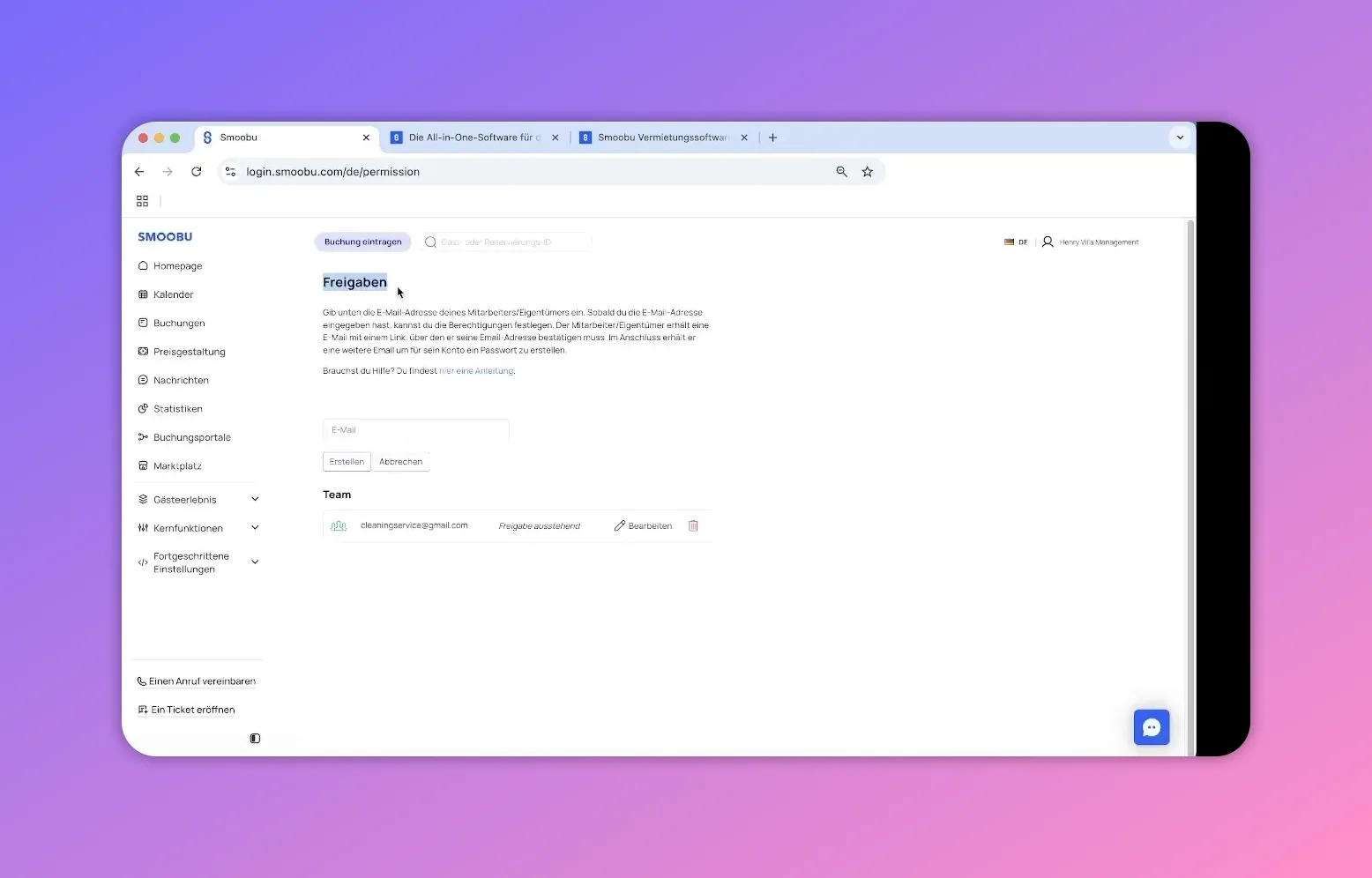 Smoobu Freigaben Seite Zugangsverwaltung