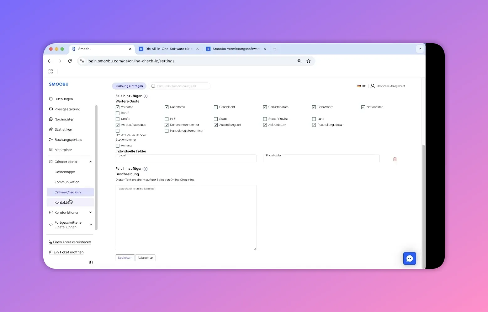 Smoobu Einstellungen mit markiertem Online-Check-in Menü und Formularfeldern