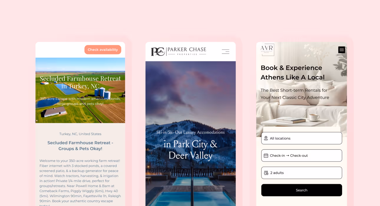 Vorschau von drei Webseiten, die in Hospitable erstellt wurden
