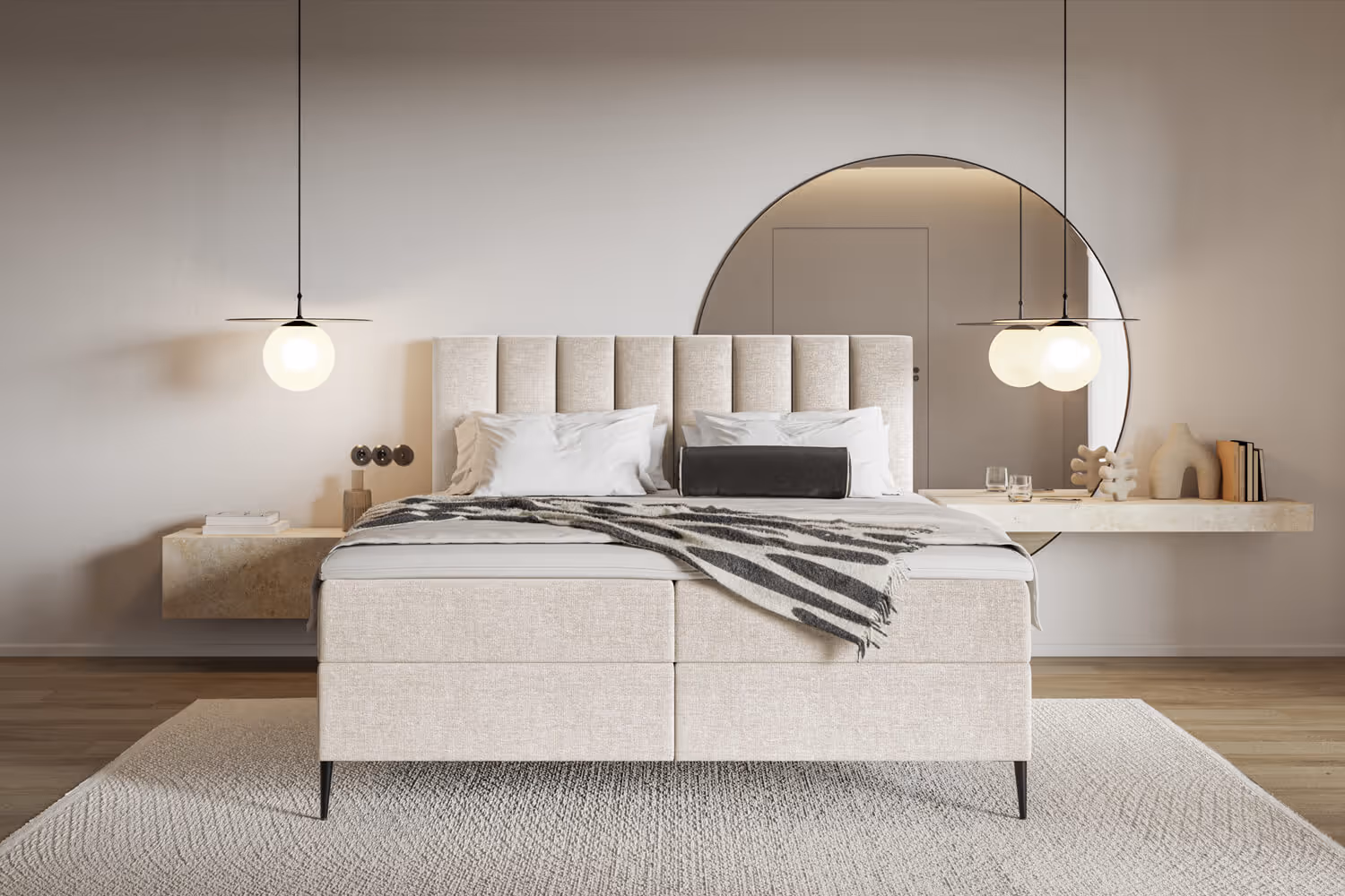 Bett in Ferienwohnung mit beigem Stoff und Kopfstütze