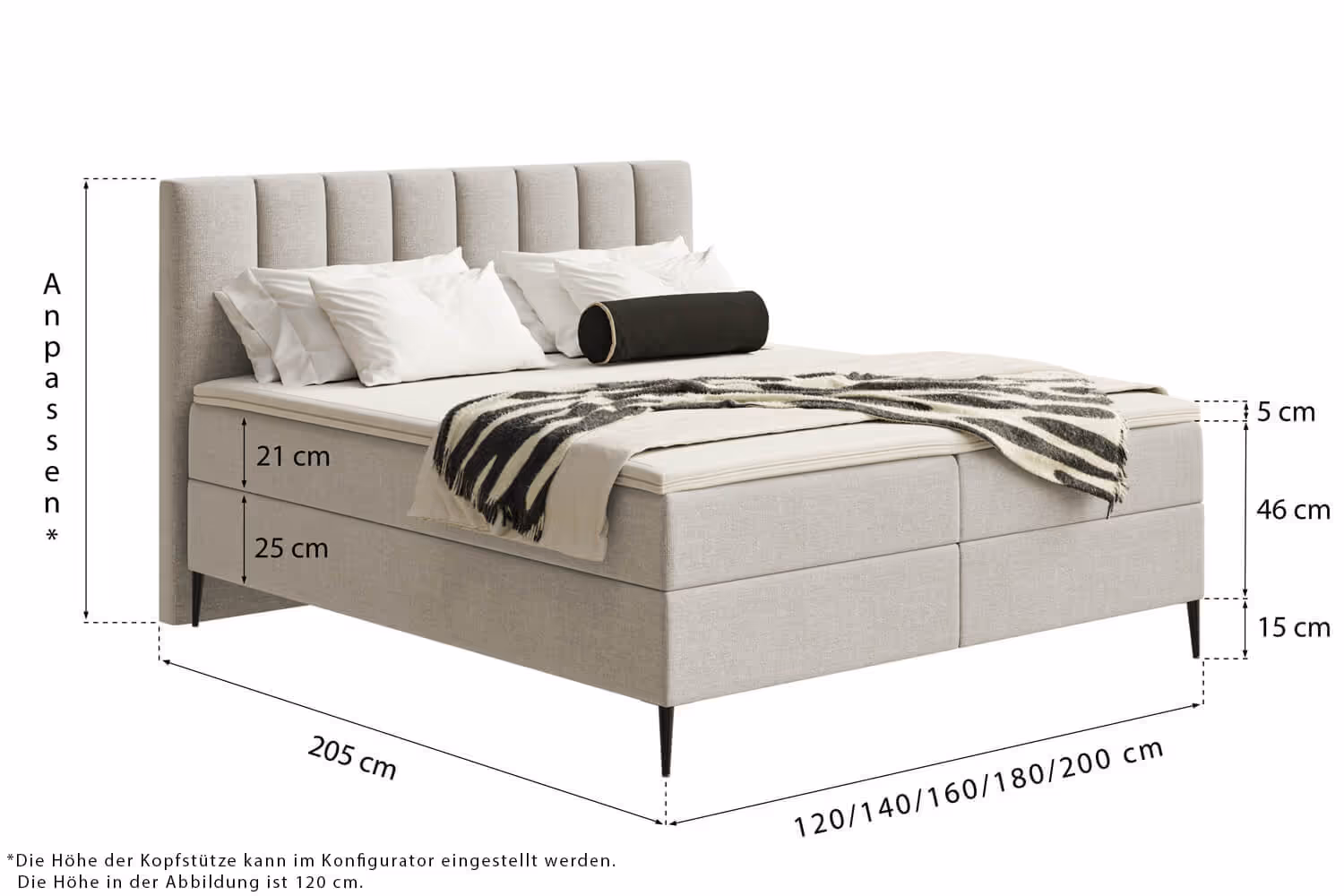 Bild zeigt ein Musterbett mit Maßangaben, welche die individuellen Konfigurationen zeigt