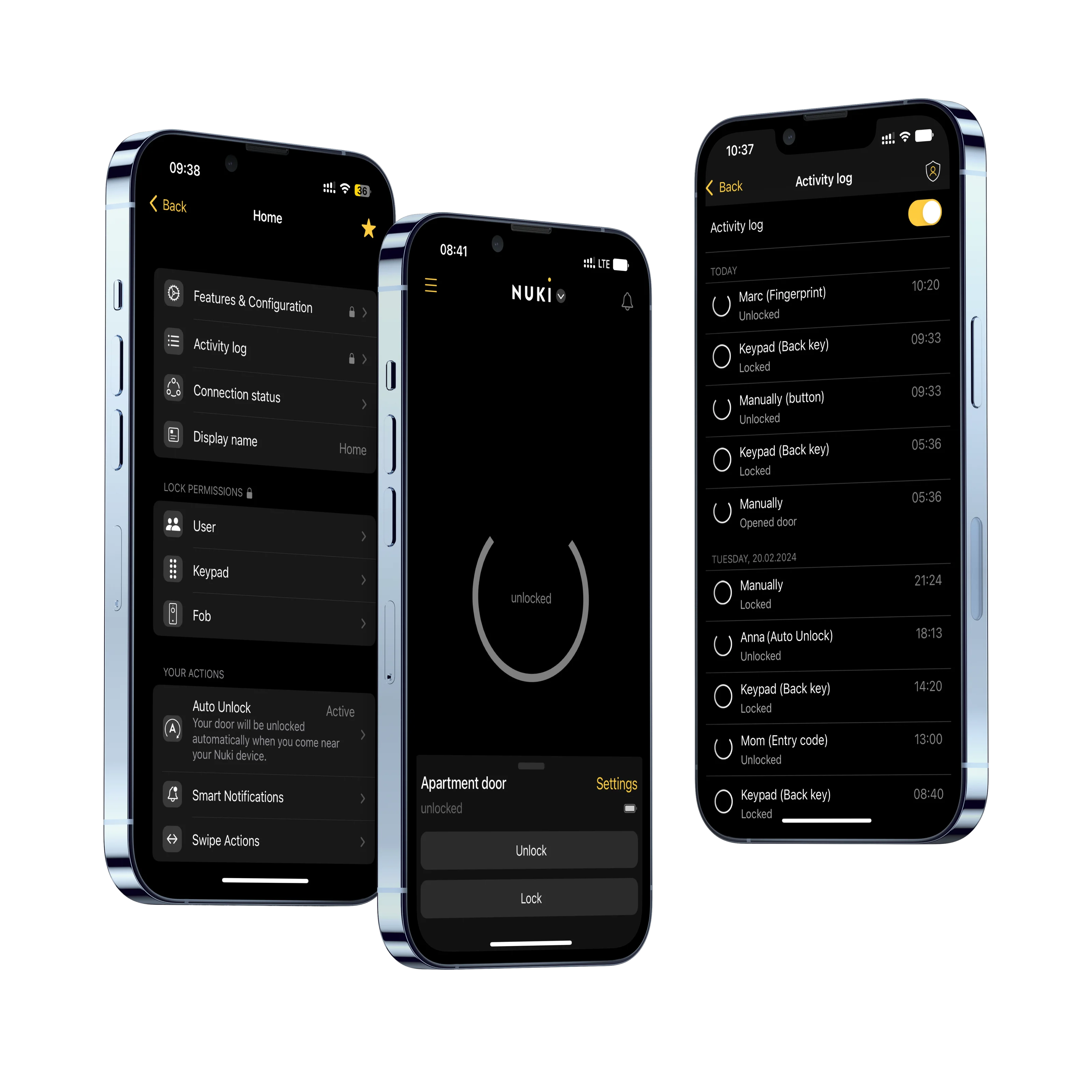 Drei Smartphones mit einblick auf die Nuki-App