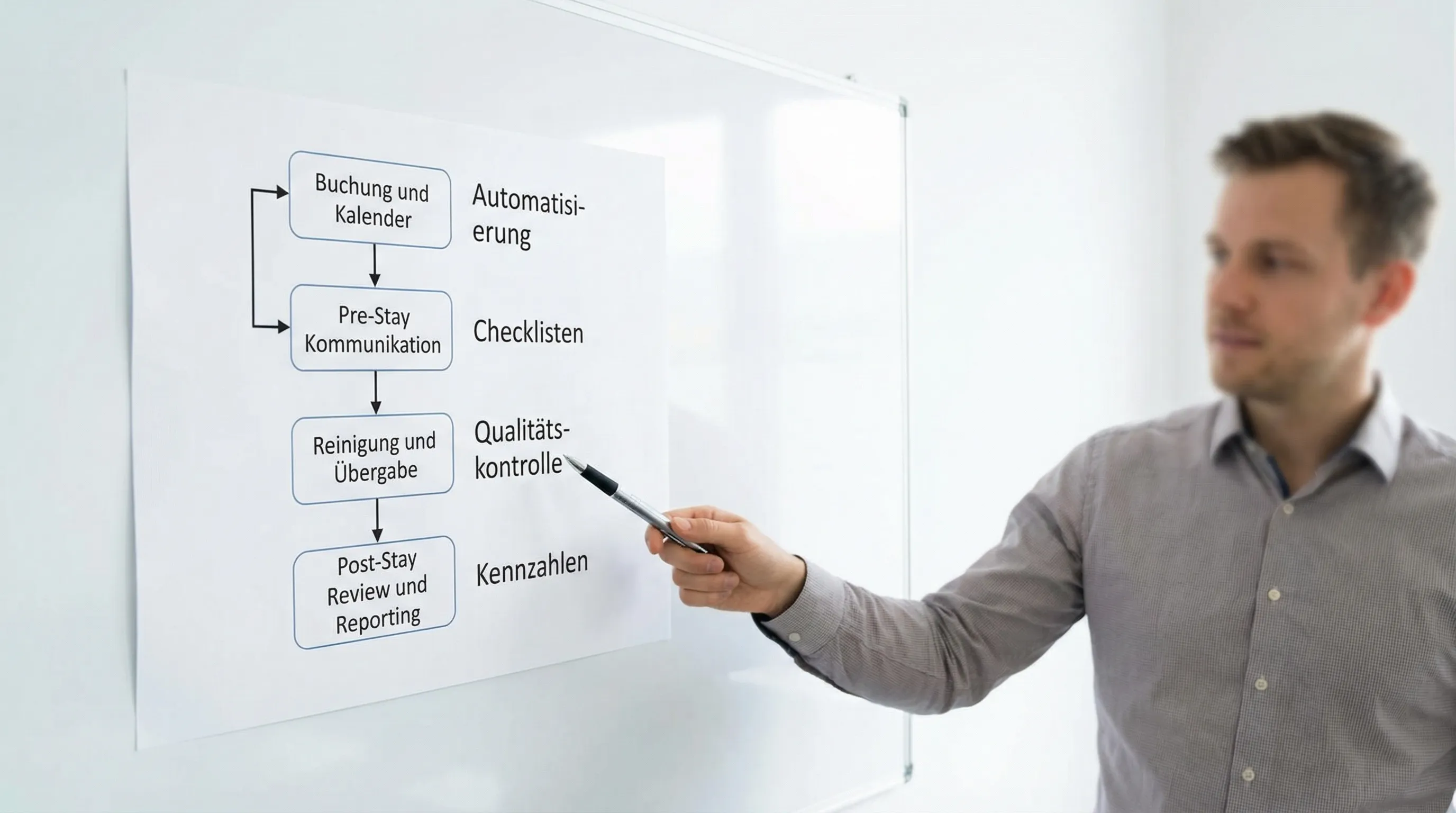 Ein übersichtliches Workflow-Schaubild für das Management von Ferienunterkünften mit vier Boxen und Pfeilen: Buchung und Kalender, Pre-Stay Kommunikation, Reinigung und Übergabe, Post-Stay Review und Reporting. Neben jeder Box stehen kurze Stichworte wie Automatisierung, Checklisten, Qualitätskontrolle und Kennzahlen.